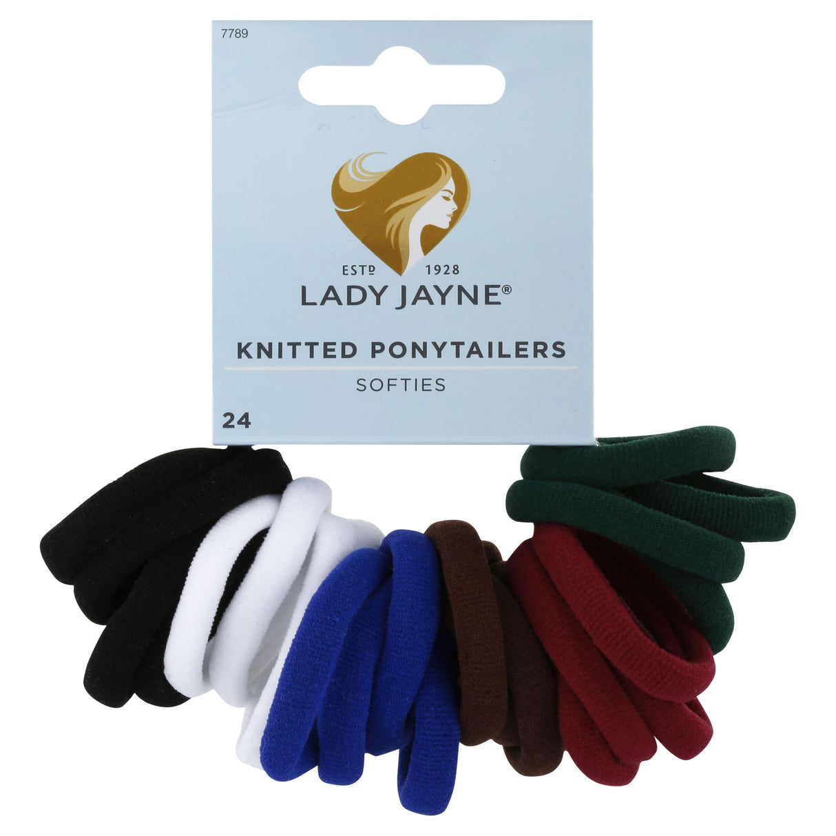 Soft knitted ponytail holders in school colors, designed for comfort, durability, and snagless wear; pack of 24.