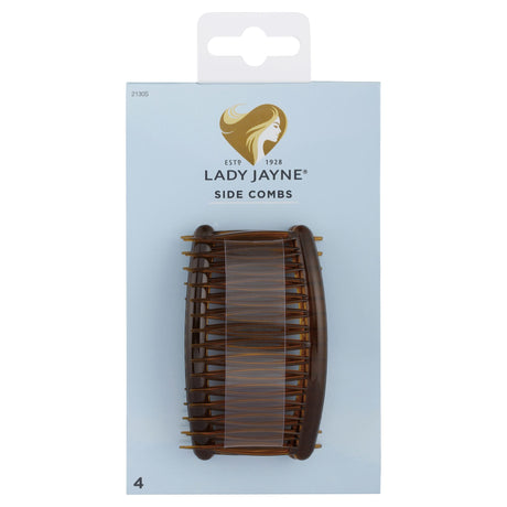 Lady Jayne Shell Side Comb Pack of 4, rounded teeth for secure grip and comfort, perfect for stylish hair updos.