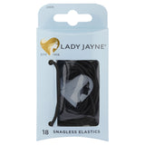 Black snagless elastics designed for fine hair, providing secure hold without damage; pack of 18 for everyday styling.