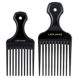 Afro combs with wide, rounded teeth for styling and enhancing curly hair, packed in a convenient 2-pack.