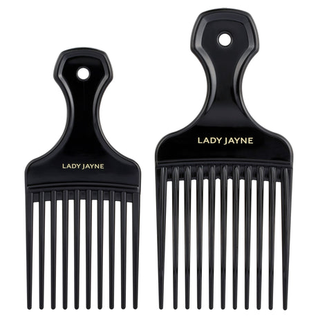 Afro combs with wide, rounded teeth for styling and enhancing curly hair, packed in a convenient 2-pack.