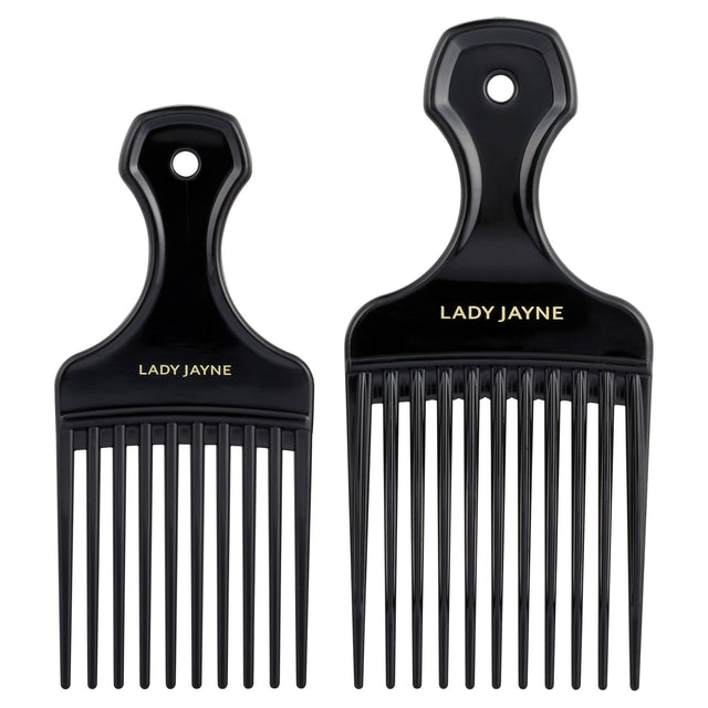 Afro combs with wide, rounded teeth for styling and enhancing curly hair, packed in a convenient 2-pack.