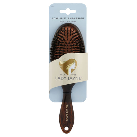 Lady Jayne Large Boar Bristle Pad Brush for medium to long hair, detangles, smooths frizz, and adds shine with natural bristles.