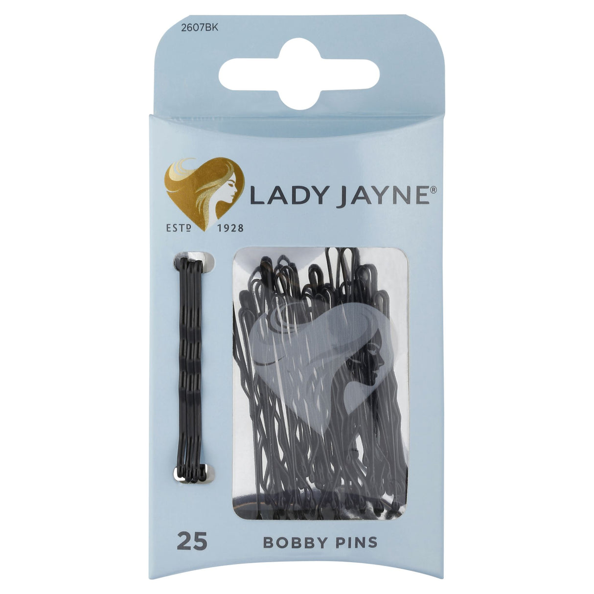 Lady Jayne Black Bobby Pins in a 25-pack feature a wave design for secure, comfortable styling and snap-back durability.