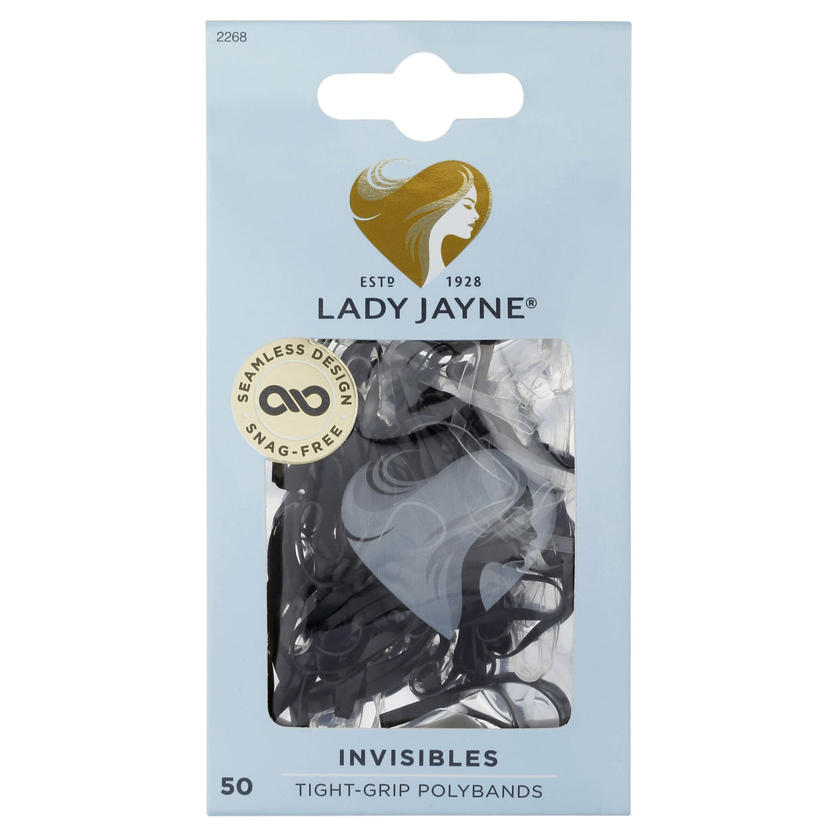 Lady Jayne Black Snagless Elastics in a pack of 50, designed for fine hair with a secure, damage-free hold.