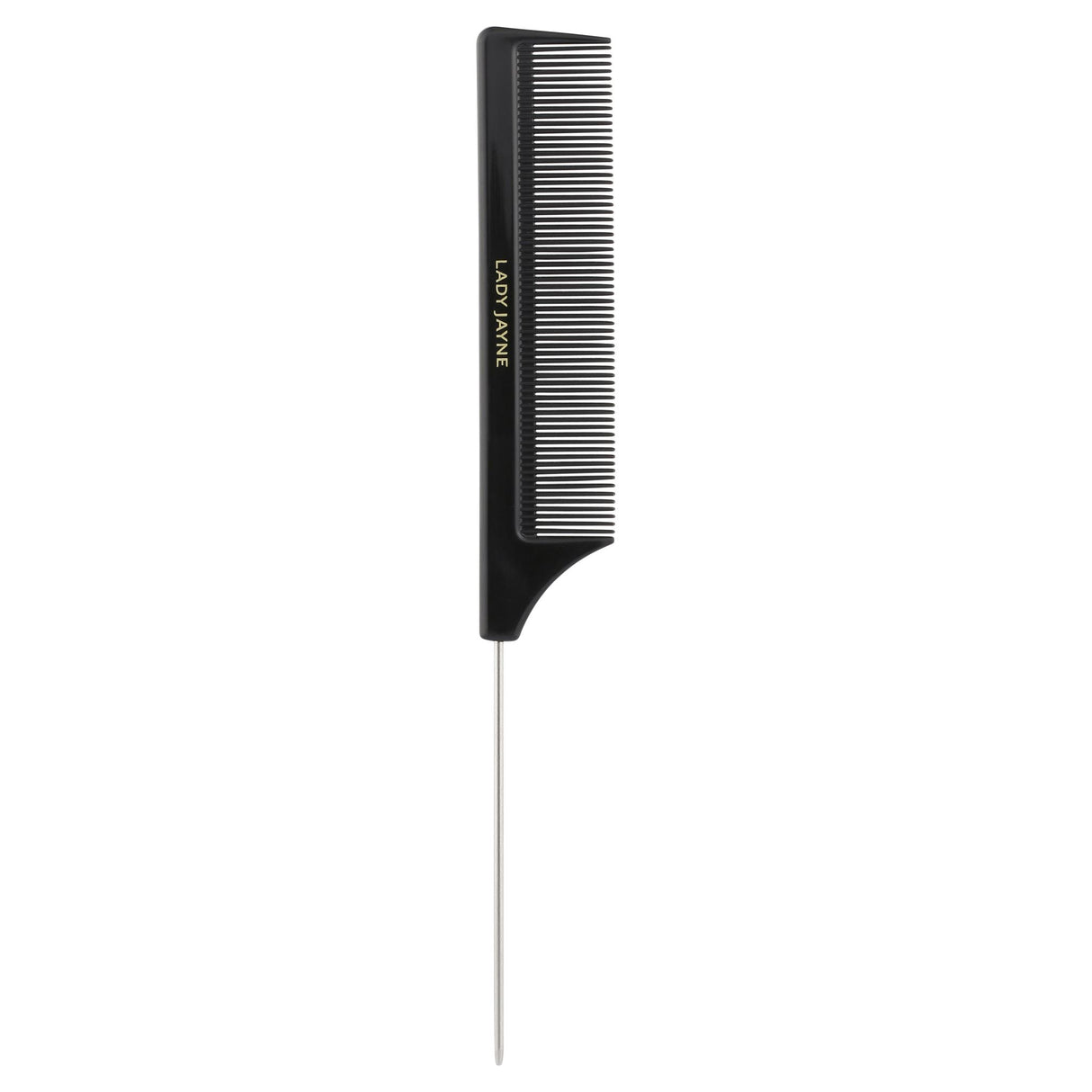 Lady Jayne Metal Tail Comb featuring a pointed end for precise styling, non-slip grip, and durable metal construction.