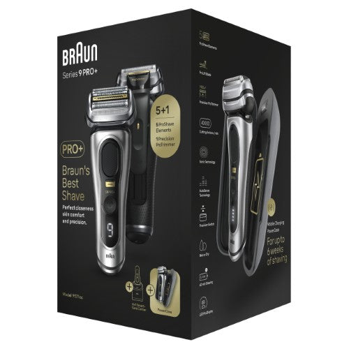 Braun Series 9 Pro+ wet & dry shaver with SmartCare center, precision trimmer, and mobile charging case for ultimate grooming.