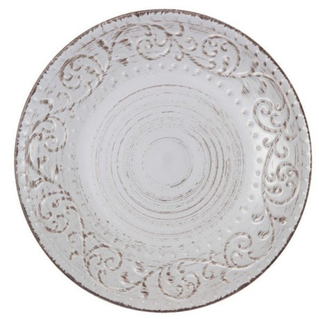 Rustic cream dinner plate with swirling pattern and delicate beading, perfect for elegant dining and everyday use.