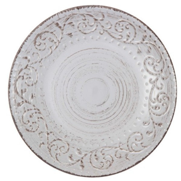 Rustic cream dinner plate with swirling pattern and delicate beading, perfect for elegant dining and everyday use.