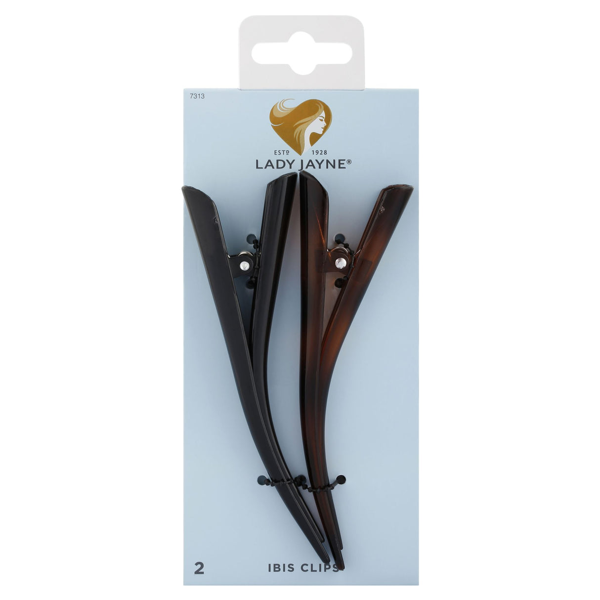 Two Lady Jayne Ibis Clips in black and tortoise shell, ideal for secure and stylish hair styling.