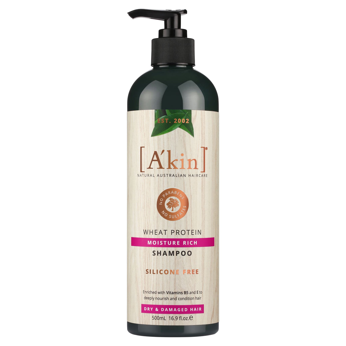 A'kin Moisture Rich Wheat Protein Shampoo in a 500mL bottle, designed for deep hydration of dry and damaged hair.