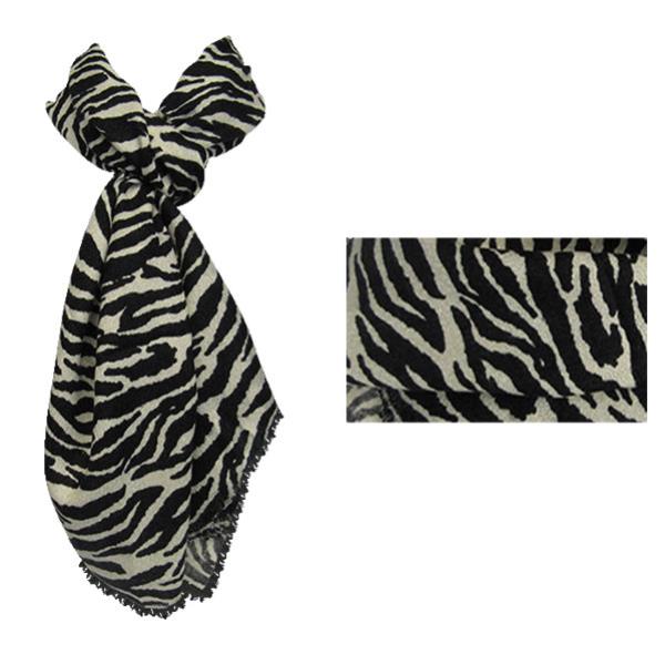 Black and cream zebra print scarf with frayed edges, 190cm x 60cm, perfect for stylish layering and cozy warmth.