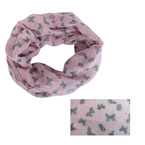 Soft pink snood adorned with butterfly designs, perfect for warmth and style on chilly days.