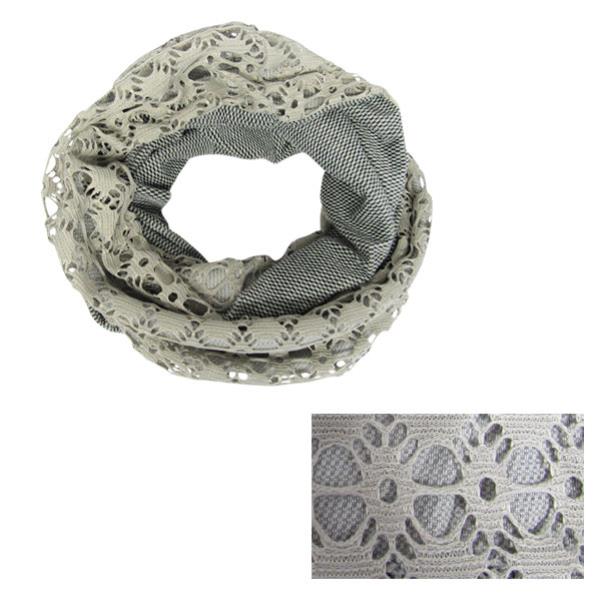 Elegant silver and lace snood with herringbone pattern; versatile and lightweight for stylish layering.