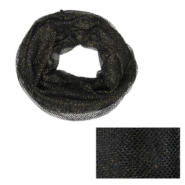 Stylish metallic gold and black mesh snood scarf, 100% polyester, 75cm x 82cm, perfect for versatile layering and chic looks.