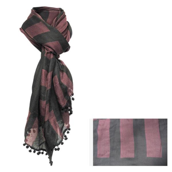 Elegant black and red wine striped scarf with tassels, made from soft polyester, measuring 178 cm x 98 cm.