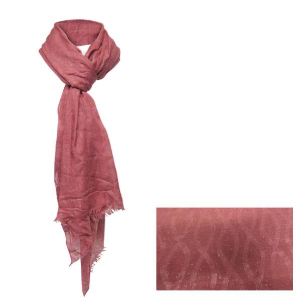 Lightweight plum-red scarf with shimmering silver swirls and frayed edges, measuring 178 cm x 90 cm. Perfect for versatile styling.