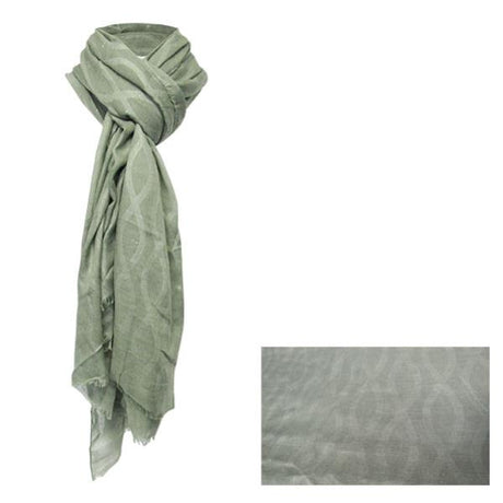 Lightweight green scarf with silver swirls and sparkles, frayed edges, measuring 182 cm x 96 cm, perfect for versatile styling.