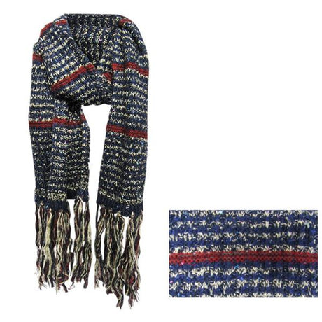 Large winter-weight blue and red scarf with tassels, crafted from soft acrylic for warmth and style. Perfect for cold weather.