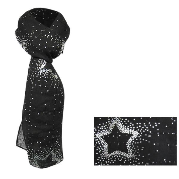 Black scarf with shimmering silver stars, measuring 85 cm x 172 cm, perfect for stylish wraps and cozy neck wear.