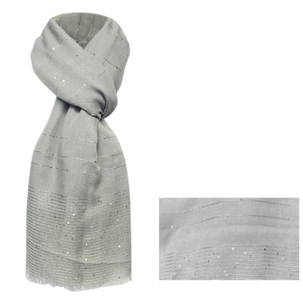 Soft gray Heather Sparkle scarf with frayed edges, measuring 92 cm x 188 cm, perfect for elevating any outfit.