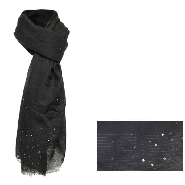 Black Sparkle Scarf with frayed edges, 88 cm x 188 cm, 100% polyester; adds elegance and shimmer to any outfit.