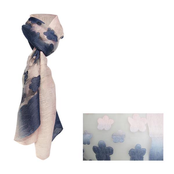 Lightweight sheer lavender and pink floral scarf, perfect for versatile styling in any season.