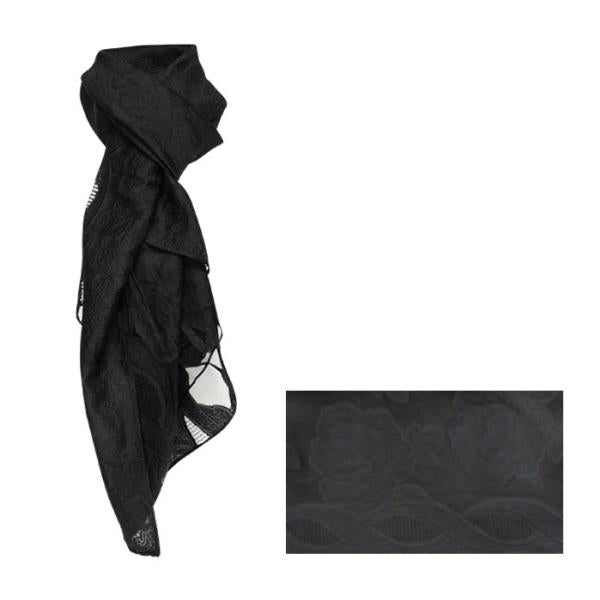 Lightweight rose black sheer scarf with floral print, perfect for versatile styling and elegant layering.