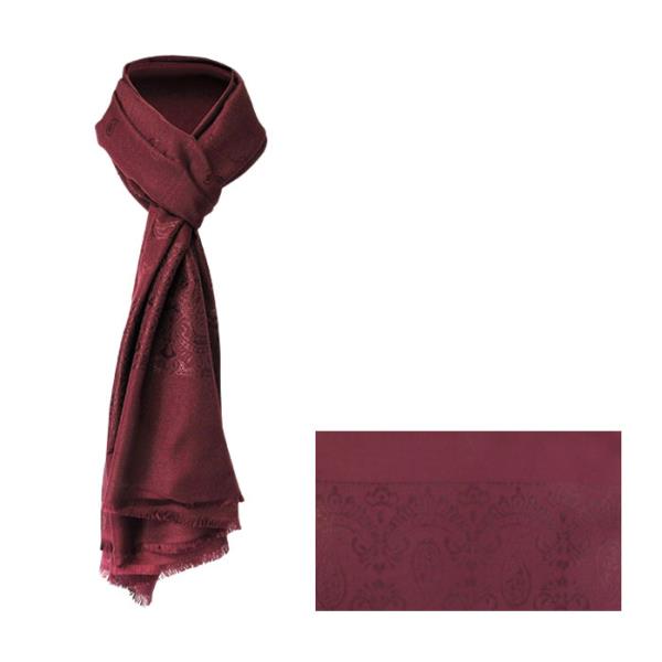 Elegant paisley red wine scarf, crafted from lightweight polyester, perfect for year-round fashion versatility and warmth.