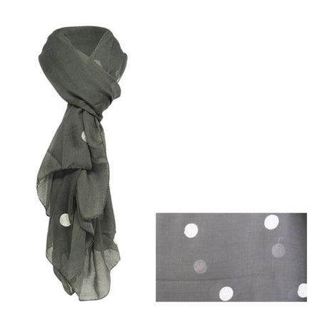 Elegant pewter scarf with playful dots, made from 60% cotton and 40% synthetic linen, measuring 90 cm x 170 cm.