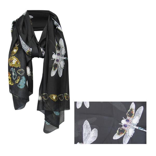 Chic black scarf featuring an intricate dragonfly design, crafted from soft 100% polyester imitation silk.