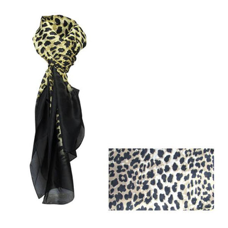 Chic leopard print scarf on black, made of soft polyester, perfect for versatile styling and elevating any outfit.