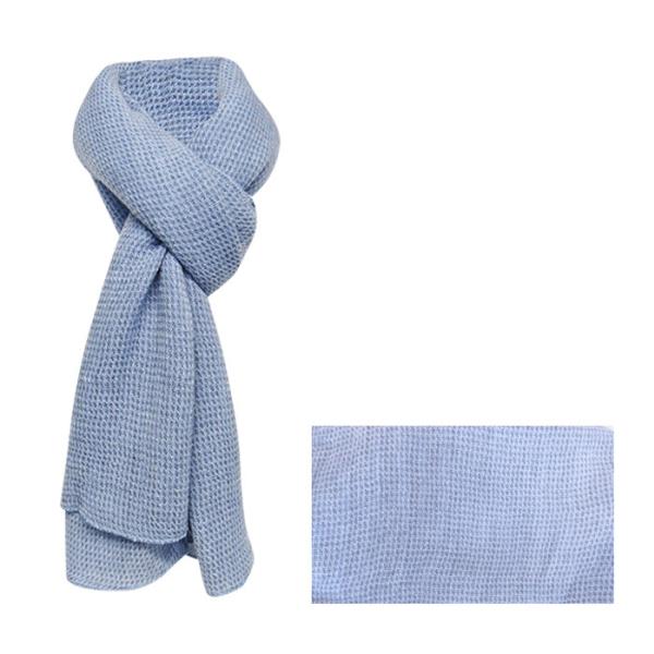 Light blue textured scarf, 65 x 185 cm, made of warm, breathable fabric, perfect for winter styling and layering.