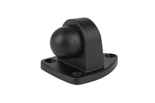 Triangle floor-mounted door stop in black powder coat, made of durable zinc, preventing door damage while enhancing decor.