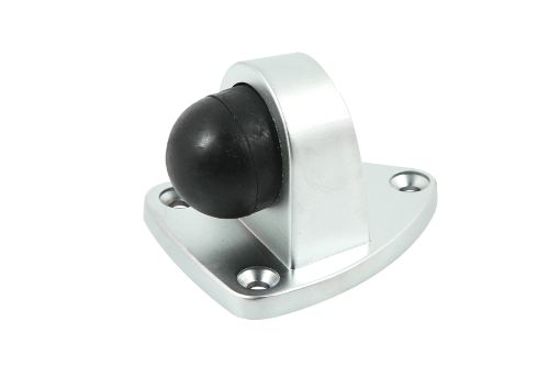 Satin chrome triangle floor-mounted door stop made of durable zinc, designed to prevent door and wall damage.