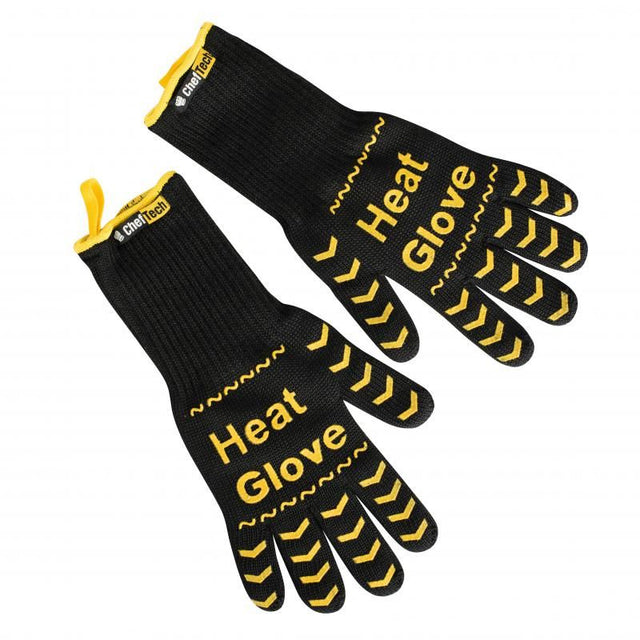 Cheftech black and yellow heat-resistant gloves, safe up to 350°C, ideal for grilling and handling hot objects.