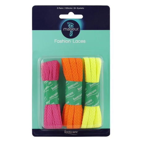 Colorful 120cm Footcare Fashion Laces in 3 pairs, perfect for customizing sneakers, boots, and casual shoes with style.