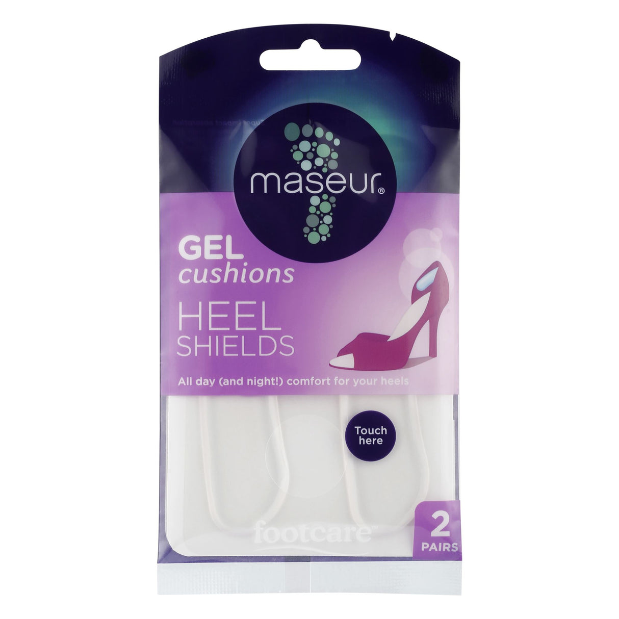 Footcare Heel Shields Gel Cushions for all-day heel comfort; includes 2 pairs with non-slip, self-adhesive design for any shoe.