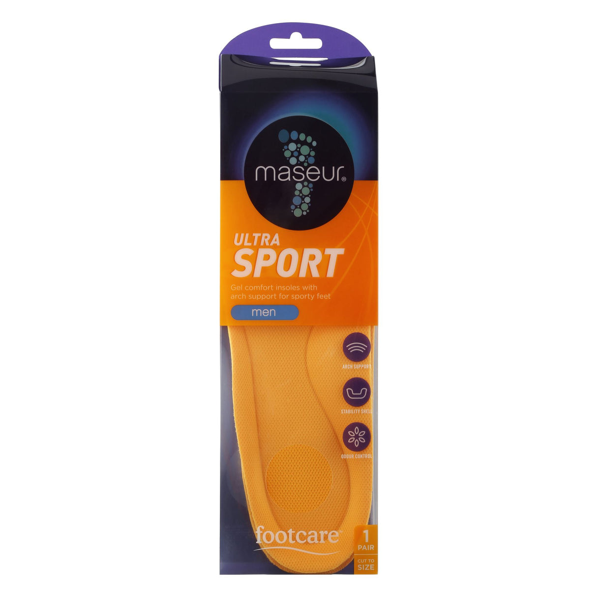 Footcare Men's Ultra Sport Insoles with gel comfort and arch support for maximum stability during sports and daily activities.