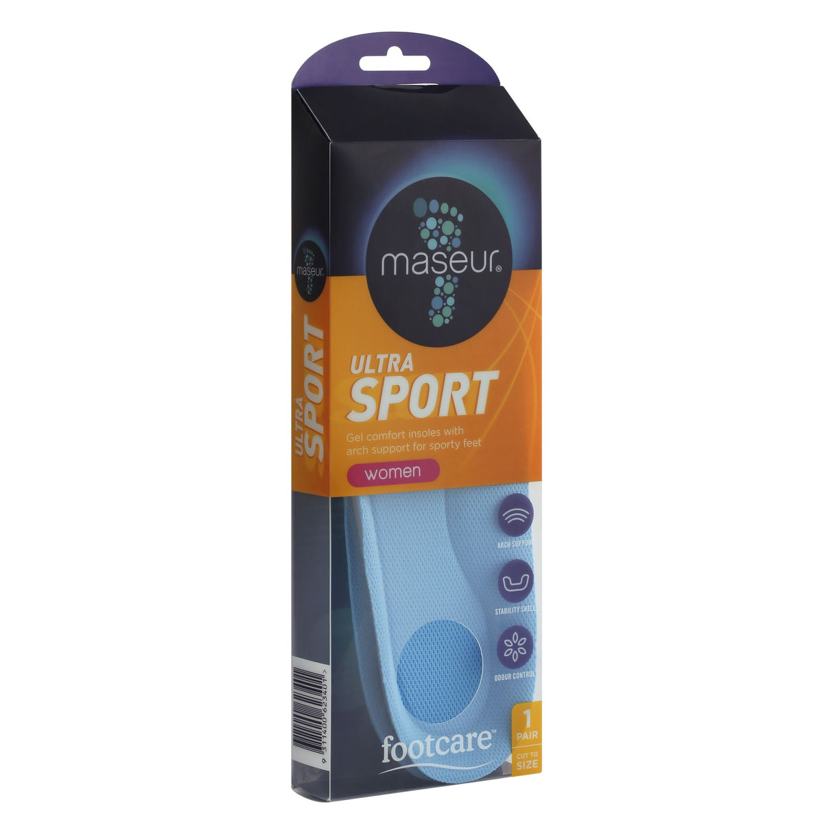 Footcare Women's Ultra Sport Insoles with gel comfort, arch support, and stability shell for active women's footwear.