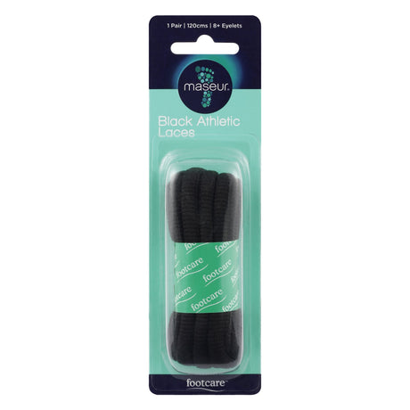 Footcare Athletic Laces in black, 120cm long, designed for secure fit and style in athletic shoes with 8+ eyelets.