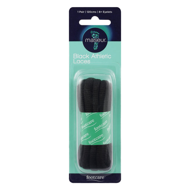 Footcare Athletic Laces in black, 120cm long, designed for secure fit and style in athletic shoes with 8+ eyelets.