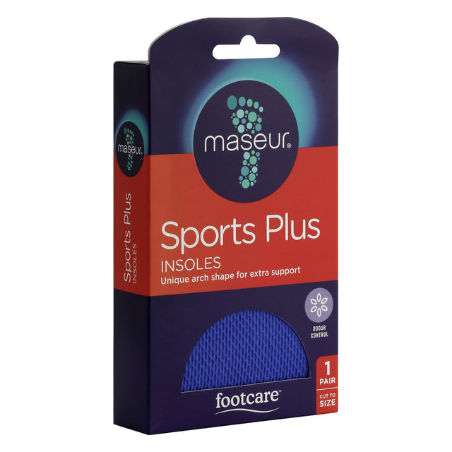 Footcare Sports Plus Insoles with unique arch shape for support, shock-absorbing foam, and odor control for active lifestyles.