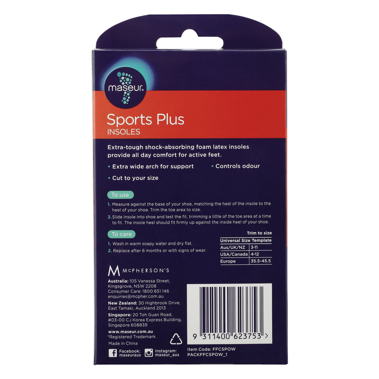 Footcare Sports Plus Insoles provide arch support and shock absorption for comfortable, active feet, designed for various shoe sizes.