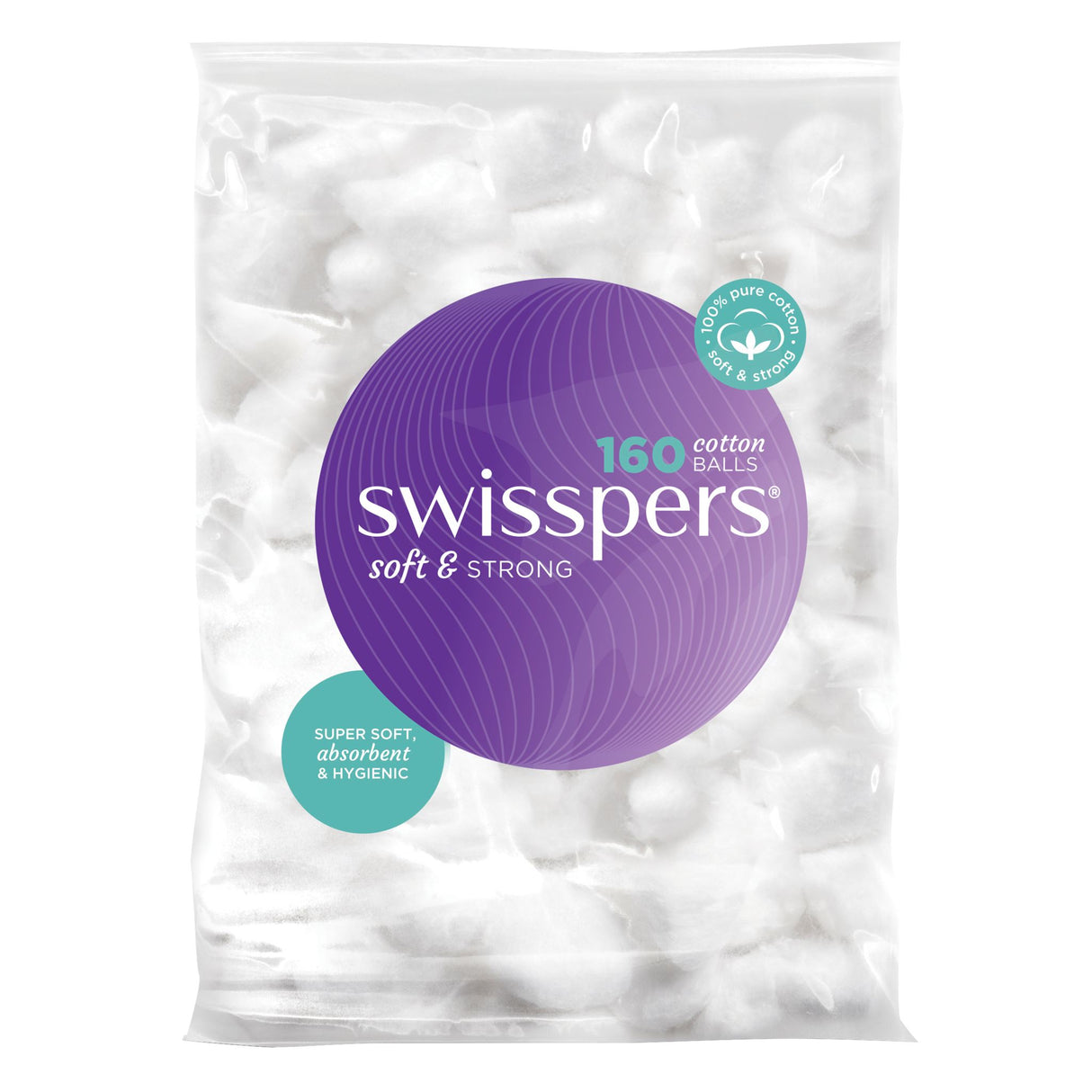 Soft and absorbent Swisspers Cotton Wool Balls in a 160 pack, ideal for makeup application and personal care.