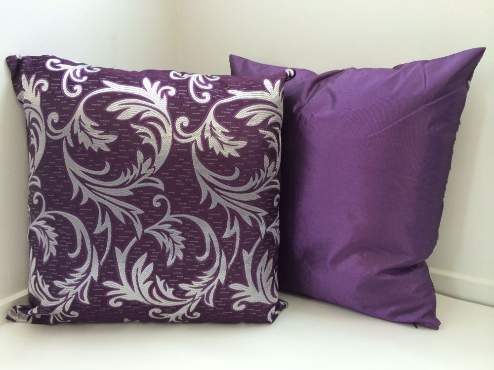 Cushion covers set of 2 in aubergine with vine design; thick poly-cotton fabric, zip closure, and reversible styles.