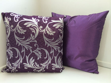 Cushion covers set of 2 in aubergine with vine design; thick poly-cotton fabric, zip closure, and reversible styles.