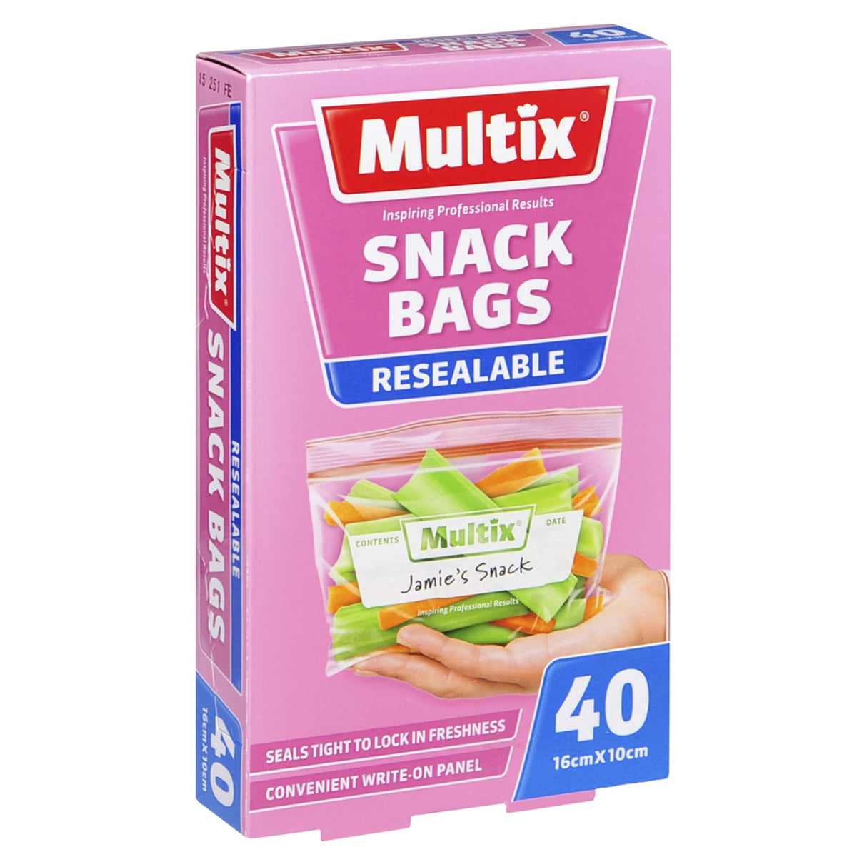 Multix Resealable Snack Bags, 40 pack, 16cm x 10cm, BPA-free with write-on panel, perfect for fresh on-the-go snacks.