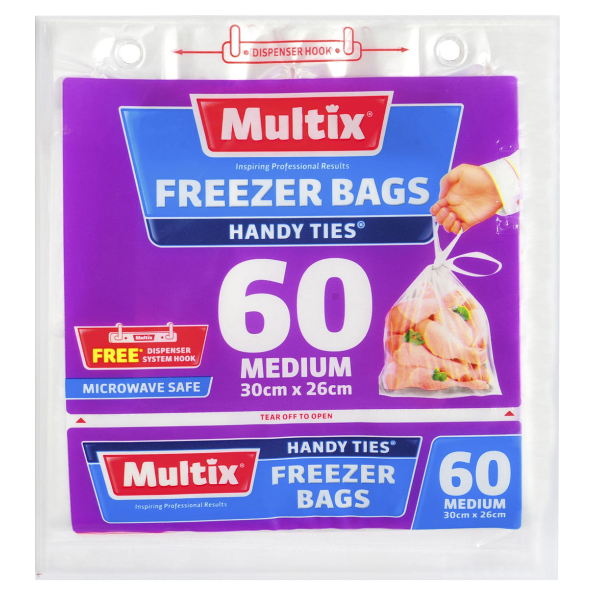 Multix Freezer Bags Medium 60 pack, 30cm x 26cm, durable, microwave safe, ideal for food storage and meal prep.