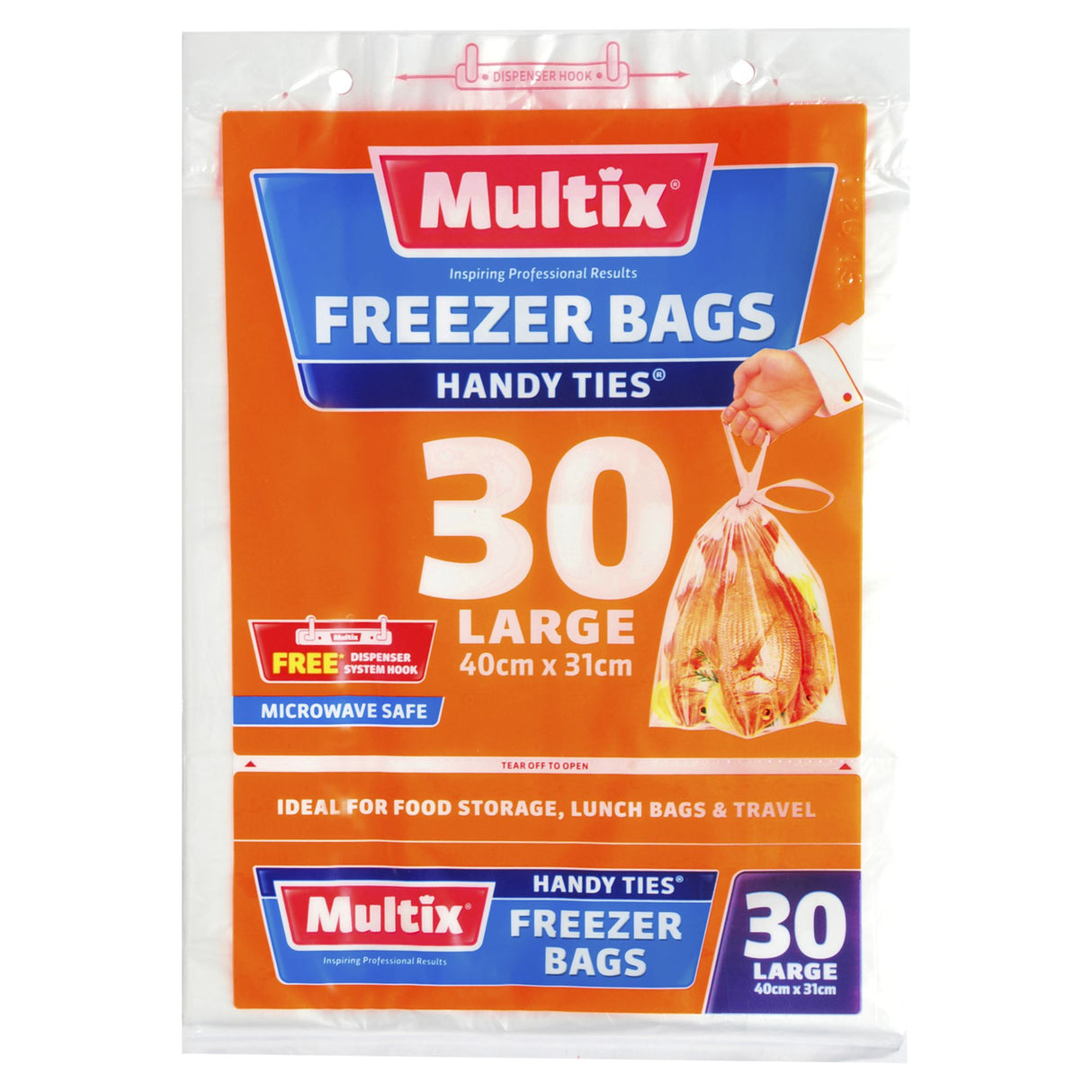 Large Multix Freezer Bags (30 pack) in high-density film, perfect for food storage, meal prep, and microwave use.